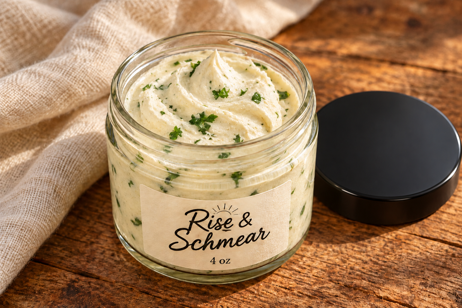 Rise & Schmear shown in a 4 oz glass jar