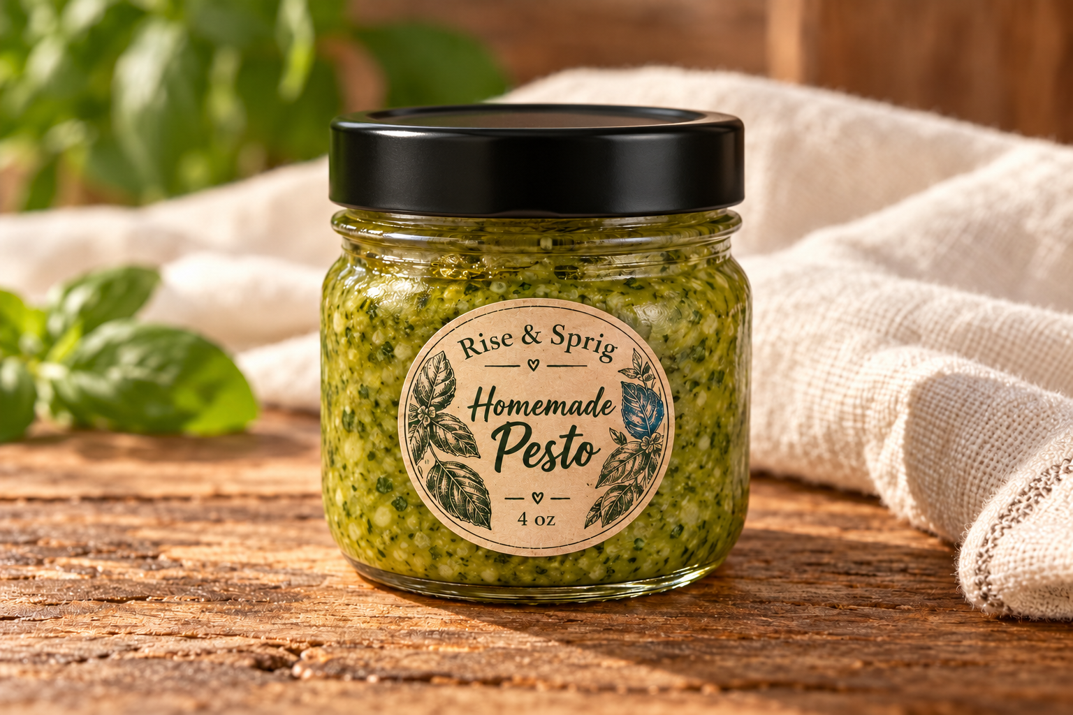 Homemade pesto shown in a 4 oz glass jar