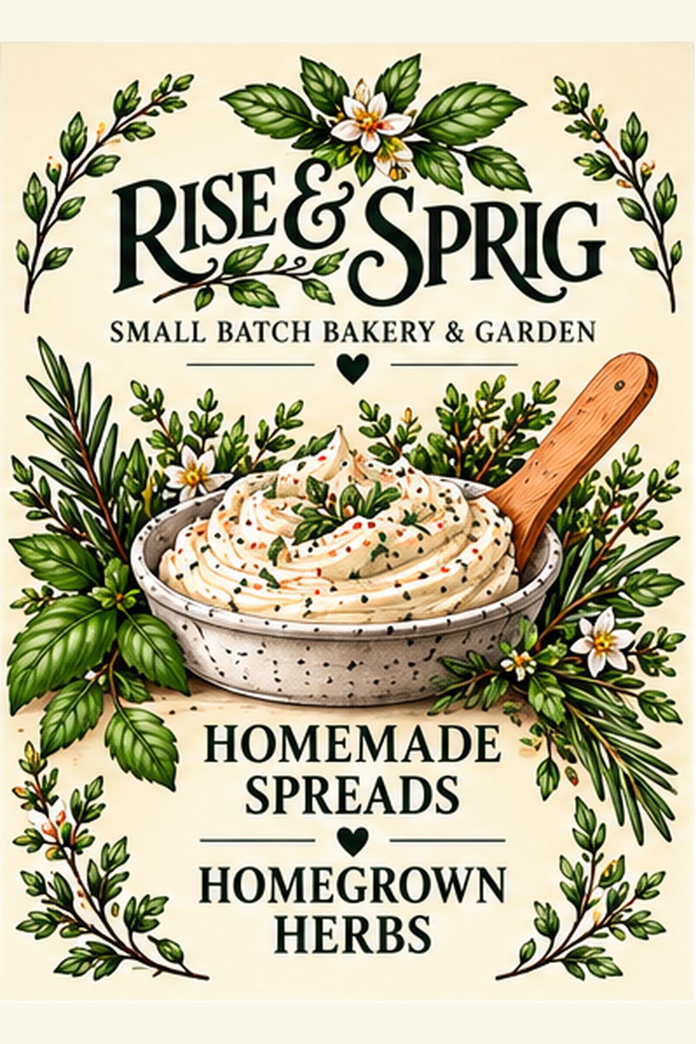 Original Rise & Sprig spreads and herbs market sign