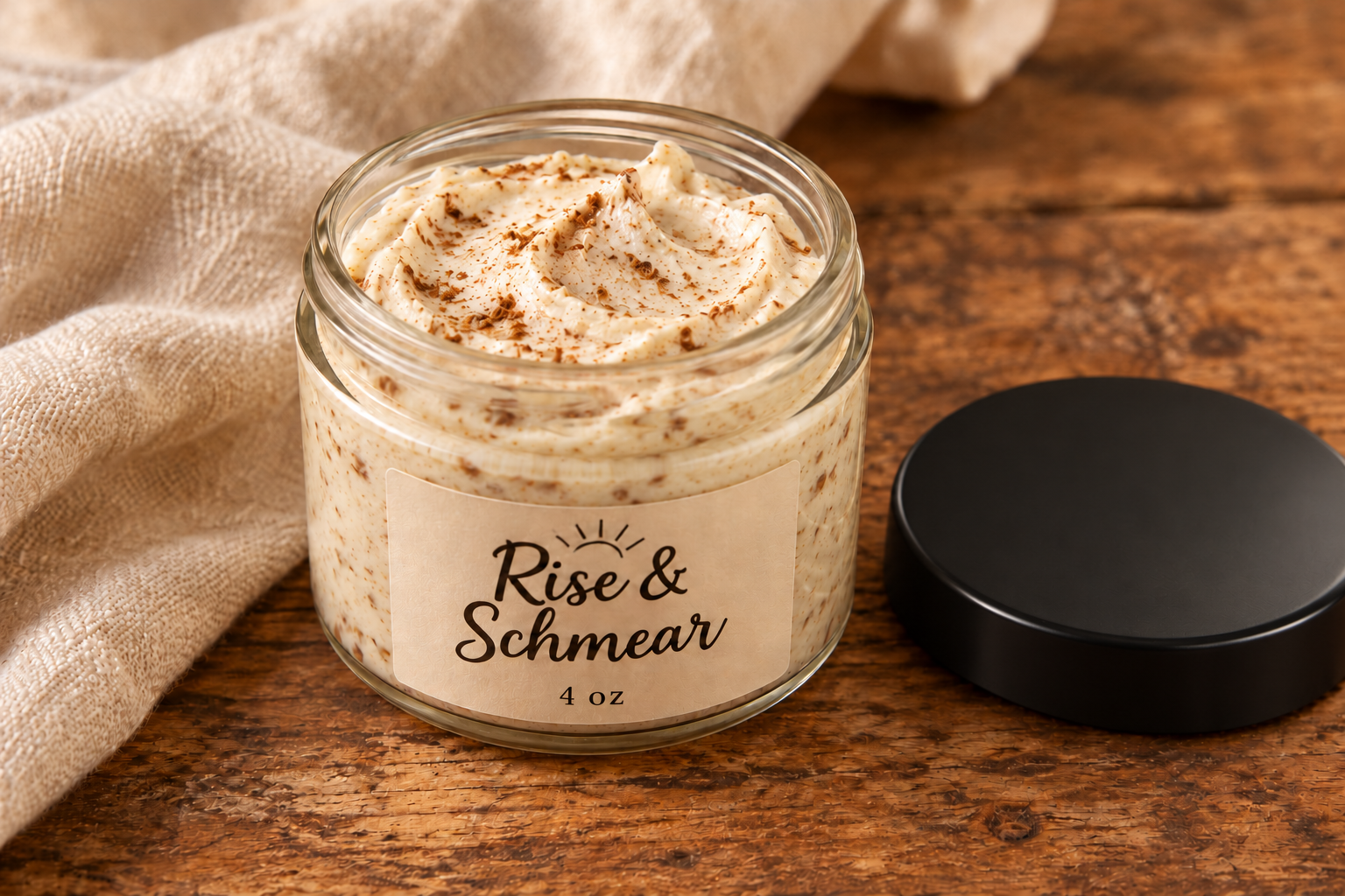 Rise & Schmear shown in a 4 oz glass jar